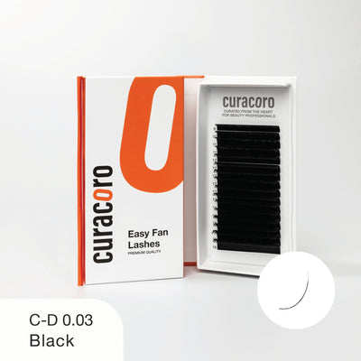 Curacoro Easy Fan Lashes C-D 0.03 Black in sleek packaging with lash tray.