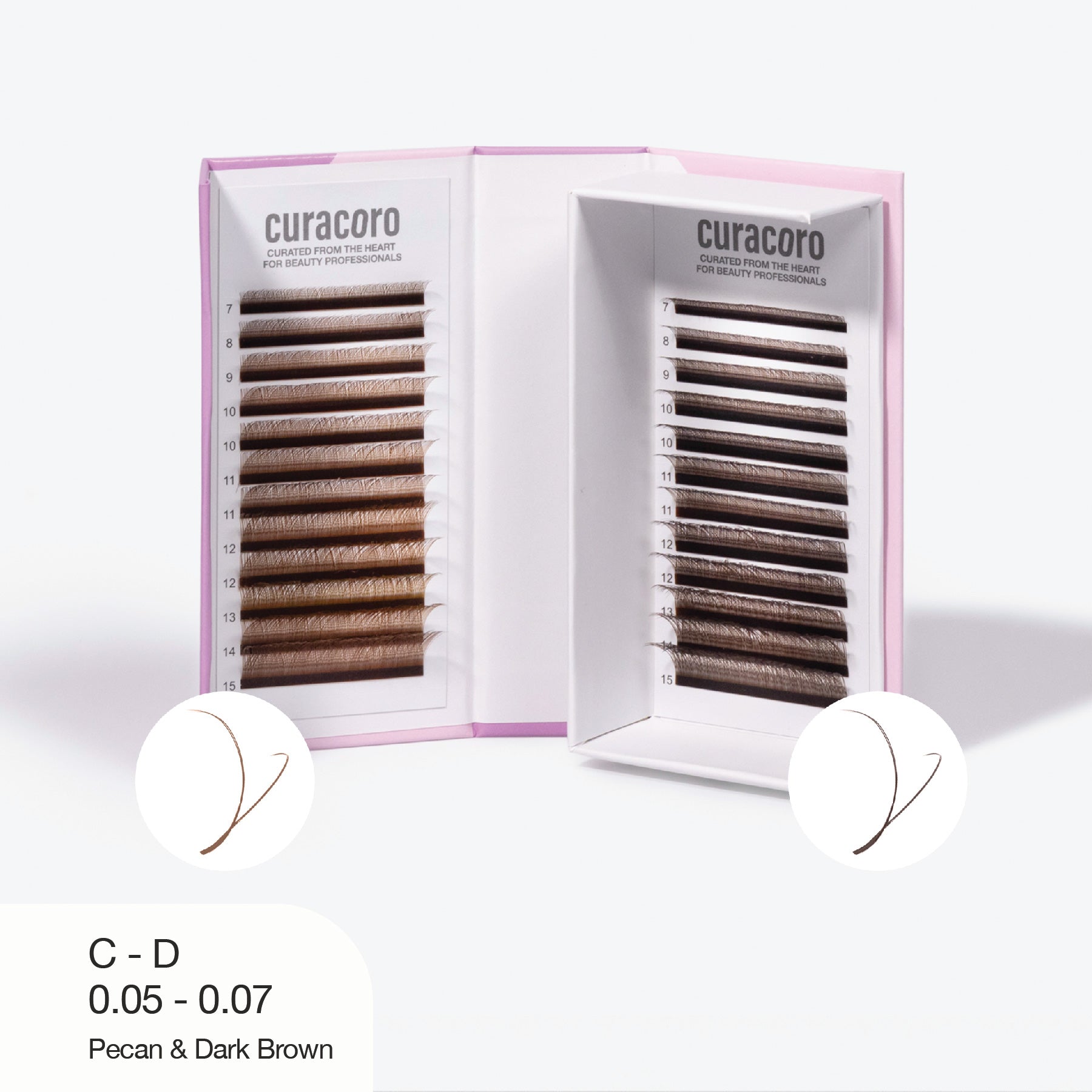 Curacoro C-D curl lash extensions, 0.05-0.07 thickness, in pecan and dark brown shades, in open case on white background