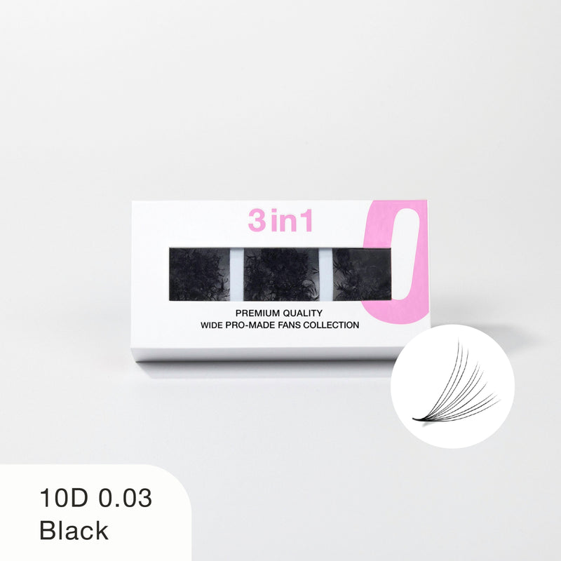 Curacoro 3-in-1 10D 0.03 Black wide pro-made fan lashes in premium packaging, ideal for volume lash extensions.