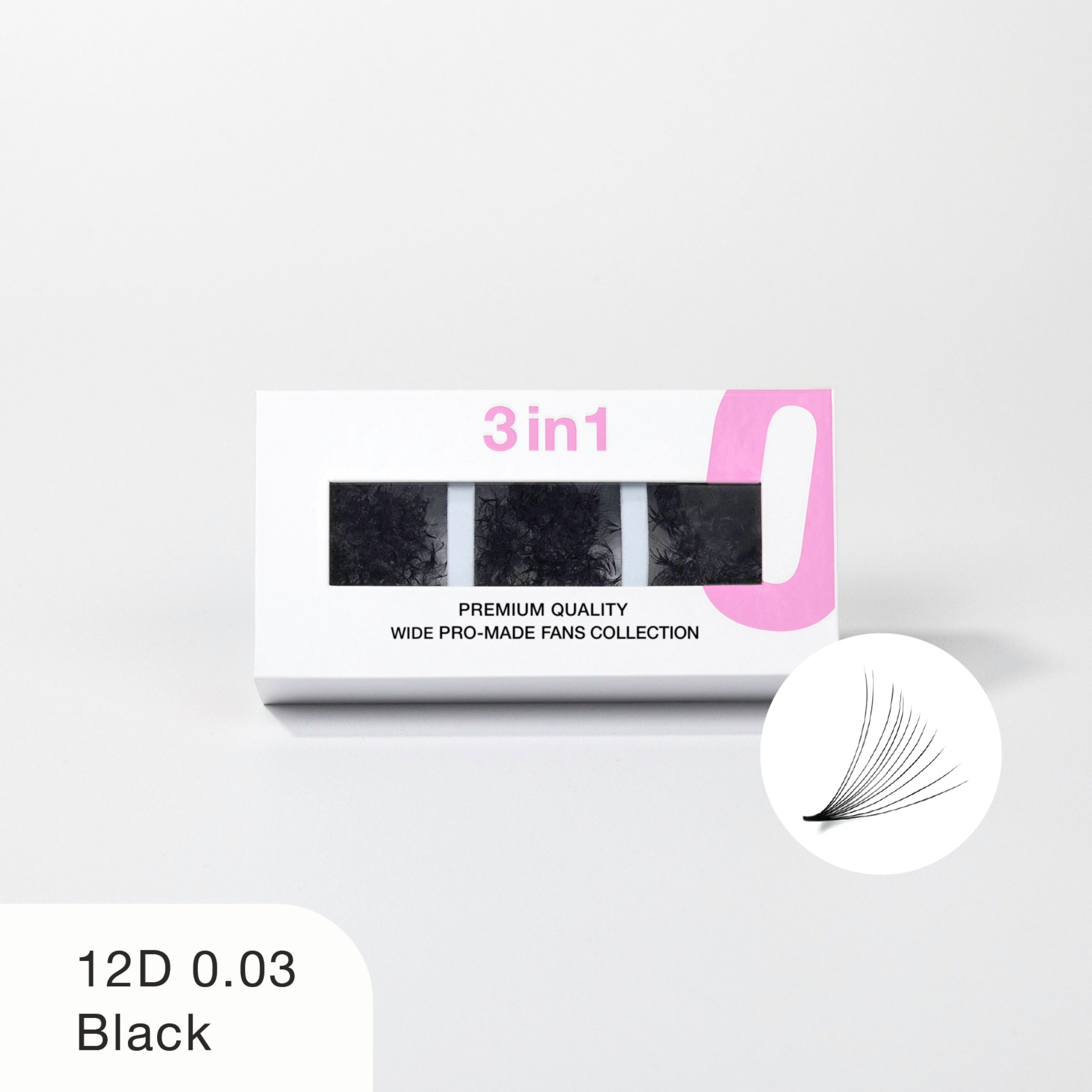 Curacoro 3-in-1 12D 0.03 Black wide pro-made fan lashes in premium packaging.