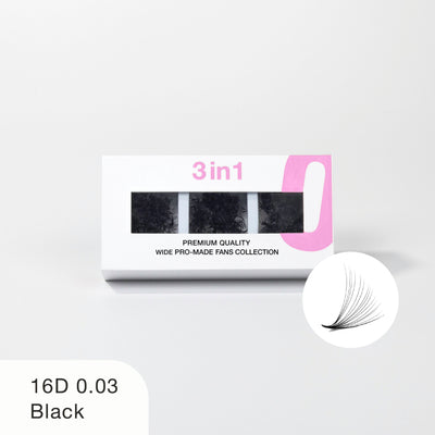 Curacoro 3-in-1 16D 0.03 Black wide pro-made fan lashes in premium packaging.