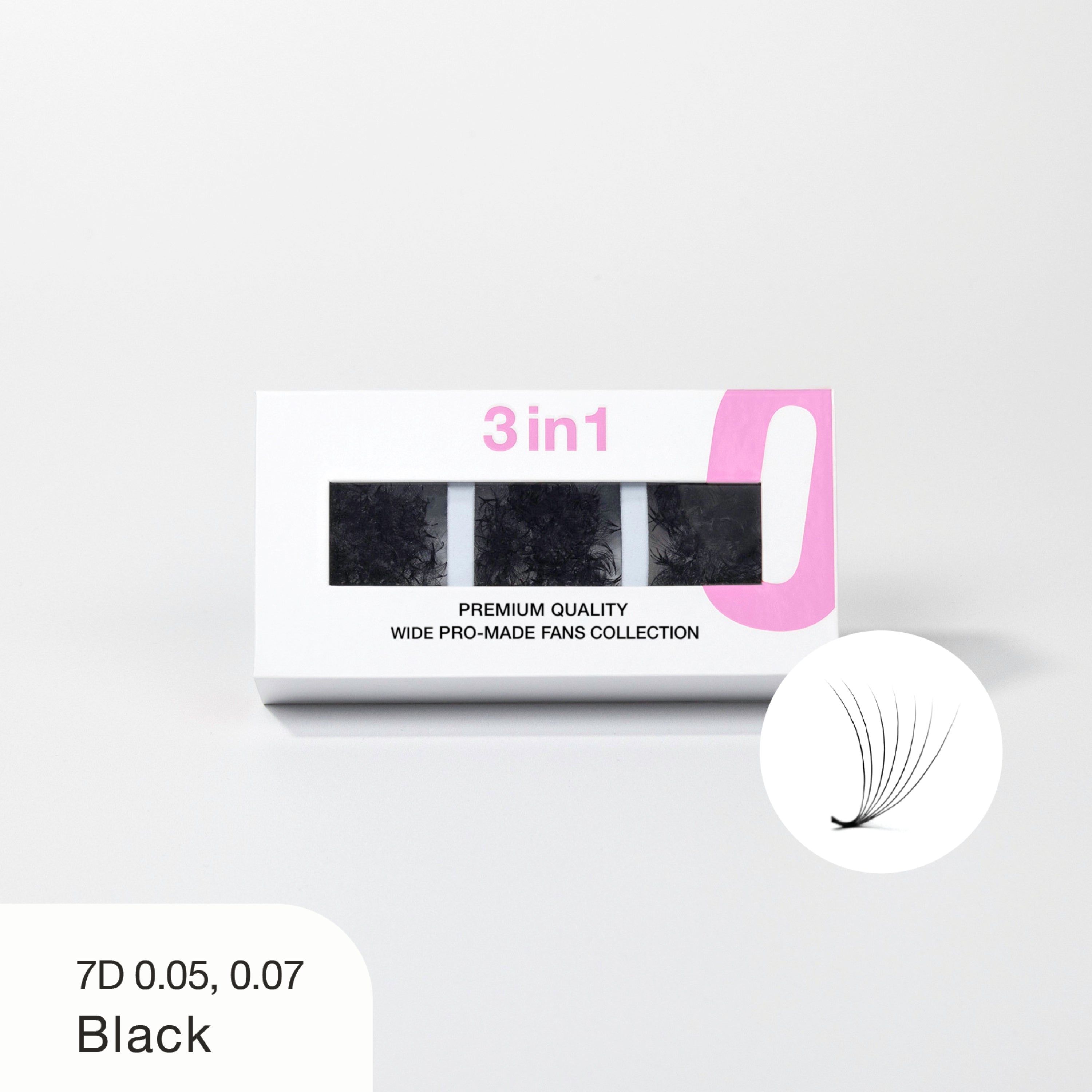 Curacoro 3-in-1 7D 0.05, 0.07 Black wide pro-made fan lashes in premium packaging.