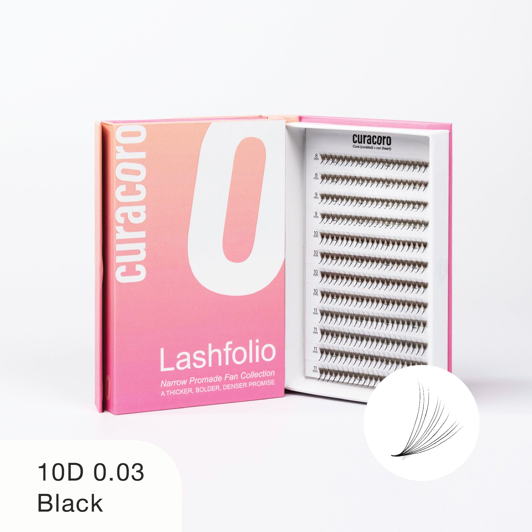 Curacoro Lashfolio 10D 0.03 Black lashes in pink gradient packaging with open tray showcasing lightweight, voluminous lash fans.