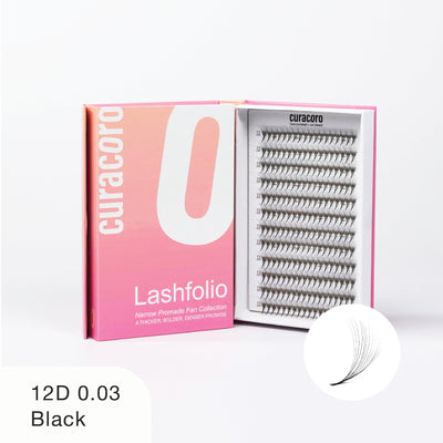 Curacoro Lashfolio 12D 0.03 Black lashes in pink gradient packaging with an open tray displaying dense lash fans.