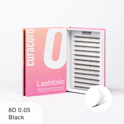 Curacoro Lashfolio 8D 0.05 Black lashes in pink gradient packaging with open tray displaying dense lash fans.