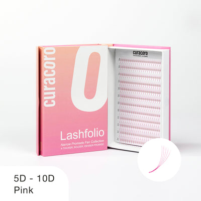 Curacoro Lashfolio pink promade fans, 5D-10D, in gradient pink box, open to show organized rows on white background