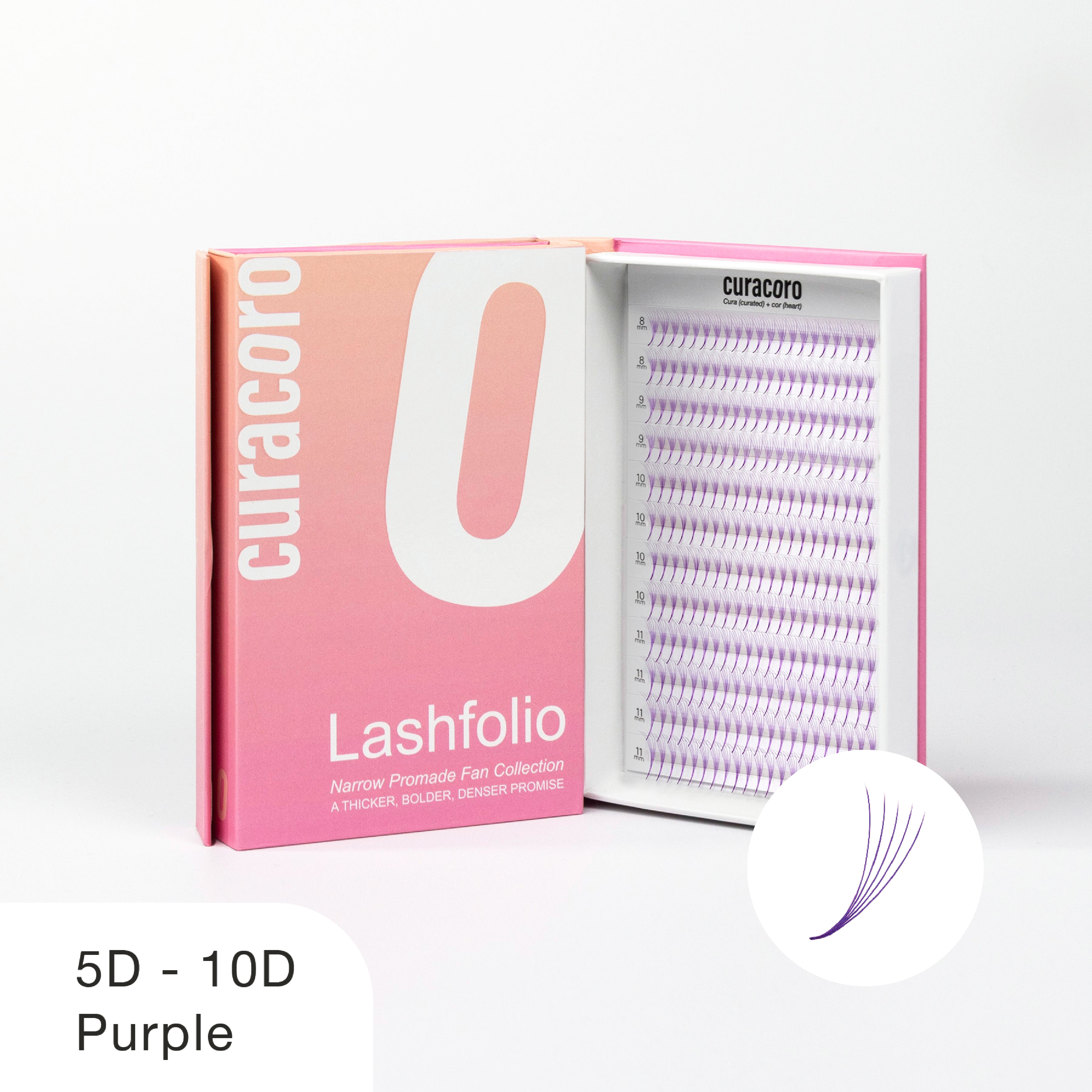 Curacoro Lashfolio purple promade fans, 5D-10D, in gradient pink box, open to show neatly arranged rows on white background