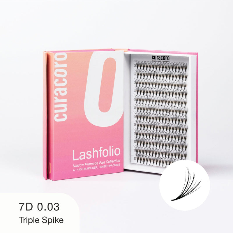 Curacoro Lashfolio box with 7D 0.03 triple spike lashes displayed, featuring dense and voluminous lash fans.