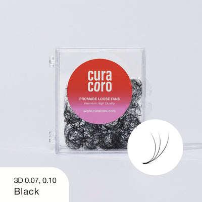 Curacoro Promade Loose Fans in Black with 3D volume and 0.07, 0.10 thickness, encased in a compact clear box, perfect for creating voluminous lash extensions.