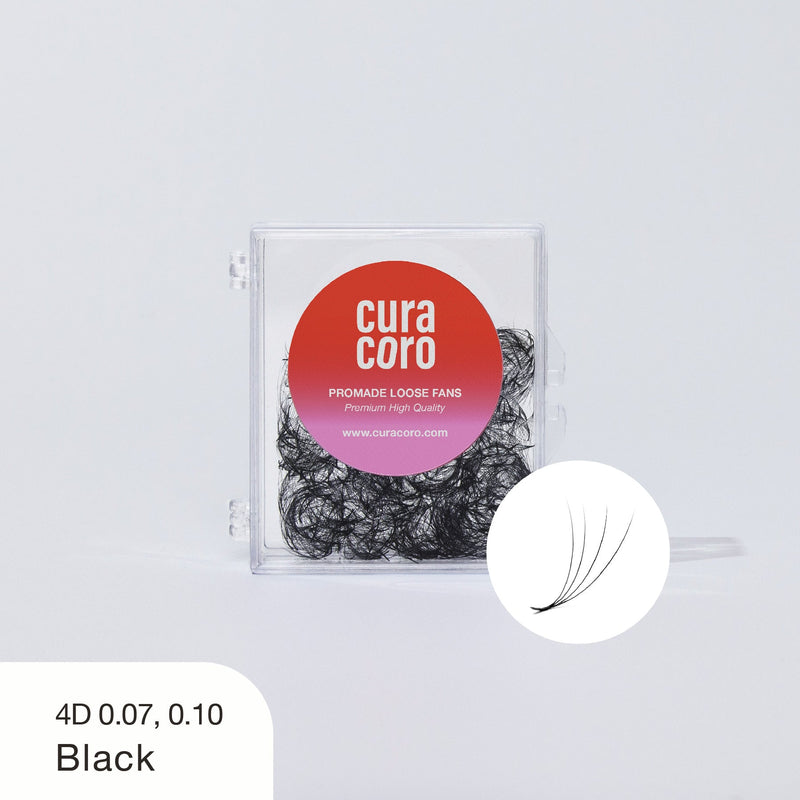 Curacoro Promade Loose Fans in Black with 4D volume and 0.07, 0.10 thickness, encased in a compact clear box, perfect for creating voluminous lash extensions.