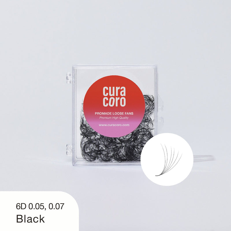 Curacoro Promade Loose Fans in Black with 6D volume and 0.05, 0.07 thickness, encased in a compact clear box, perfect for creating voluminous lash extensions.