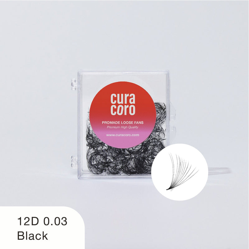 Curacoro Promade Loose Fans in Black with 12D volume and 0.03 thickness, encased in a compact clear box, perfect for creating voluminous lash extensions.