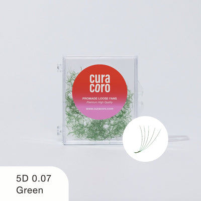 Curacoro Promade Loose Fans, 5D 0.07 Green, displayed in a transparent box with a red gradient logo on a white background.