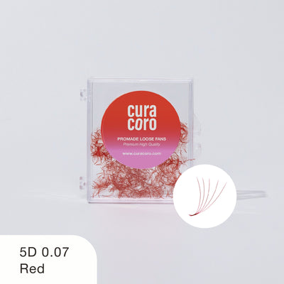 Curacoro 5D Promade Loose Fans, 0.07 thickness, red, in a clear box with a red label on a white background.