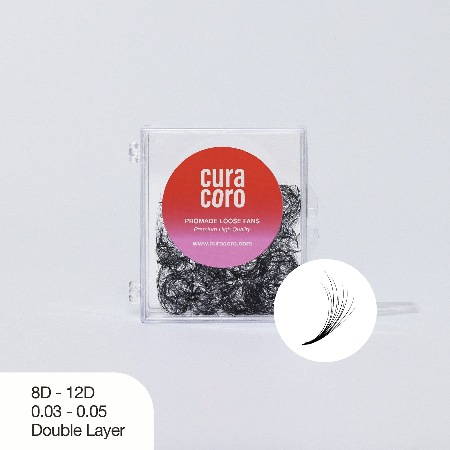 Curacoro Promade Loose Fans, 8D-12D, 0.03-0.05 Double Layer, against a white background.