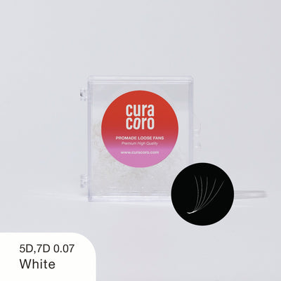 Curacoro Promade Loose Fans in 5D and 7D styles, 0.07 thickness, white, in a clear box with a red label on a white background.