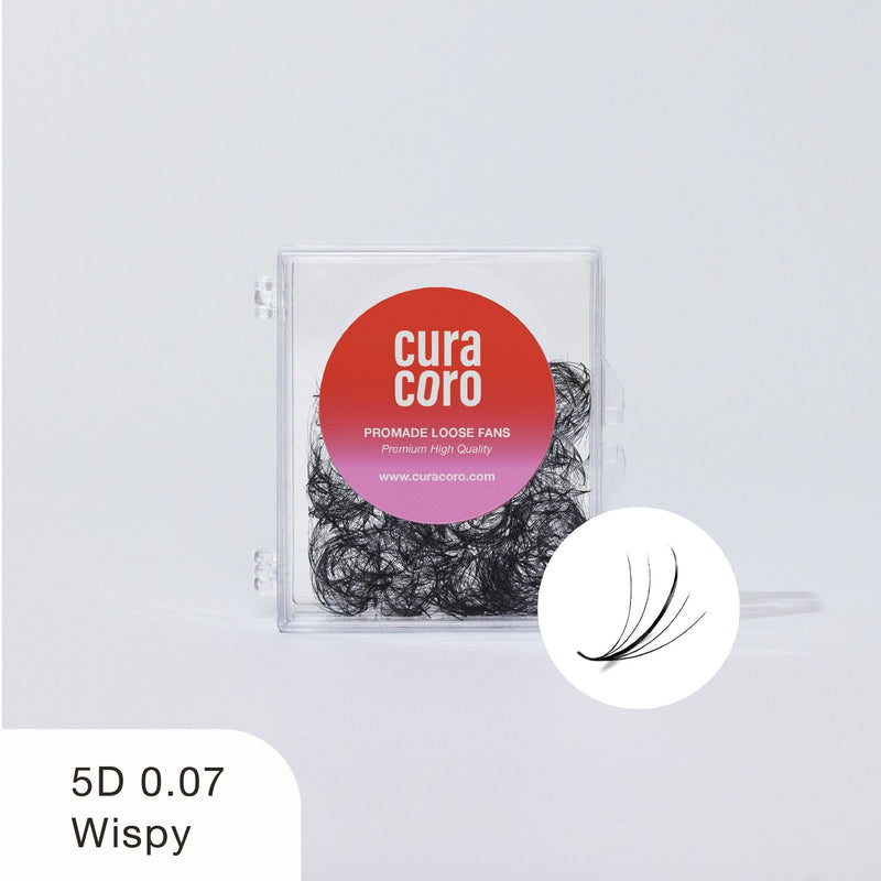 Curacoro 5D Promade Loose Fans, 0.07 thickness, wispy style, in a clear box with a red label on a white background.