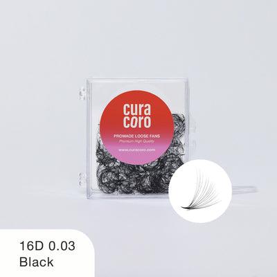 Curacoro 16D 0.03 black promade loose fans in clear plastic case with red label, displayed on white background