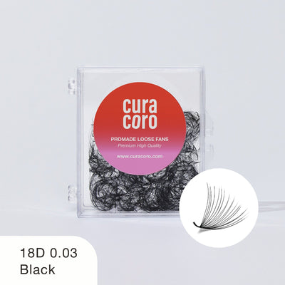 Curacoro 18D 0.03 black promade loose fans in clear plastic case with red label, displayed on white background