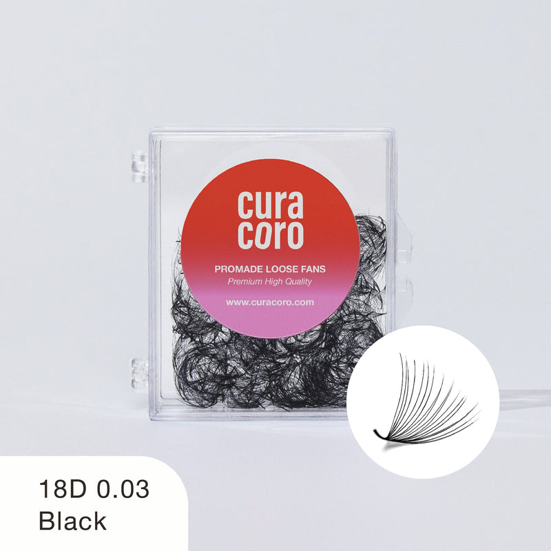 Curacoro 18D 0.03 black promade loose fans in clear plastic case with red label, displayed on white background