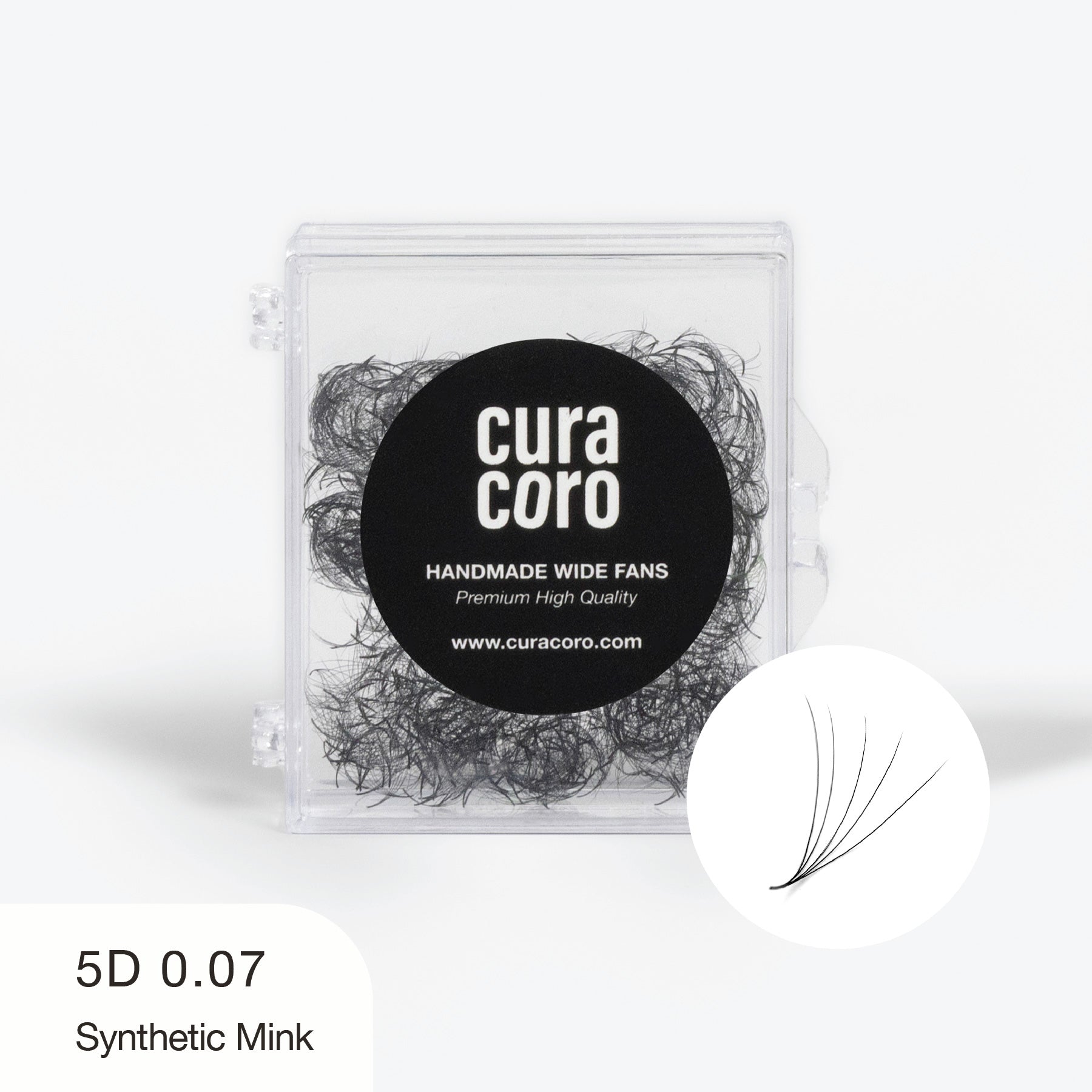 Curacoro Handmade Wide Fans 5D 0.07 synthetic mink lashes in clear case, ideal for professional use.