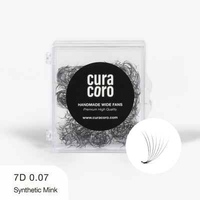 Curacoro Handmade Wide Fans 7D 0.07, premium synthetic mink lashes in clear packaging, perfect for professional eyelash extensions.