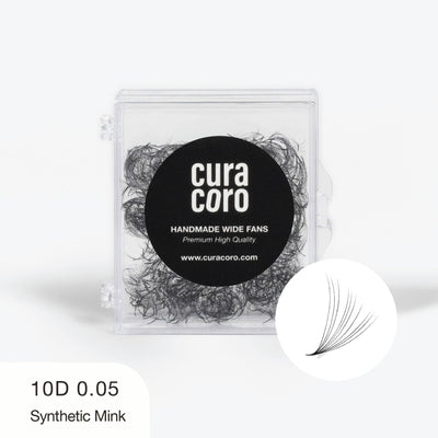 Curacoro Handmade Wide Fans 10D 0.05 synthetic mink lashes in clear case, ideal for professional use.