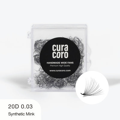 Curacoro Handmade Wide Fans 20D 0.03 synthetic mink lashes in clear case, ideal for professional use.