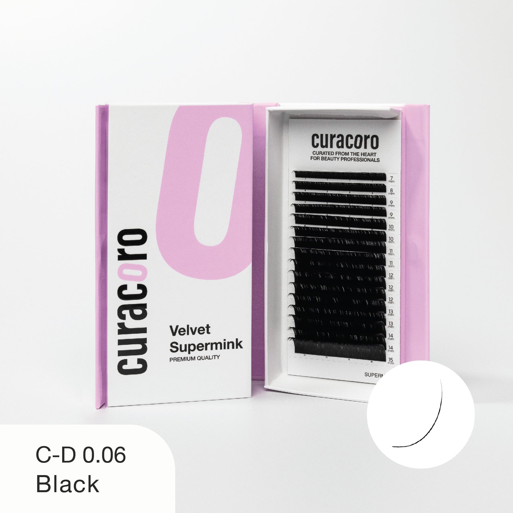 Curacoro Velvet Supermink lash tray in C-D curl, 0.06 thickness, and black color, displayed in an open pink and white box with a close-up curve icon on a white background.