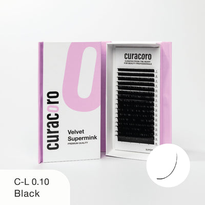 Curacoro Velvet Supermink lash tray in C-L curl, 0.10 thickness, and black color, displayed in an open pink and white box with a close-up curve icon on a white background.