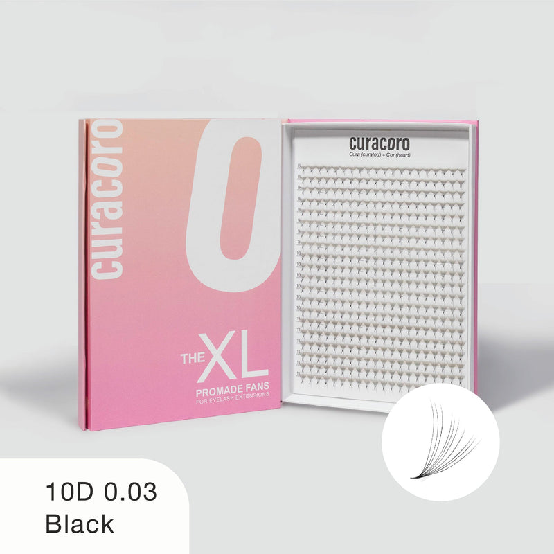 Curacoro XL 10D 0.03 black promade fans in gradient pink box, open to show neatly arranged rows on white background