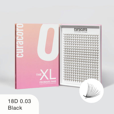 Curacoro XL 18D 0.03 black promade fans in gradient pink box, open to show neatly arranged rows on white background