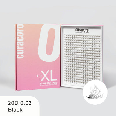 Curacoro XL 20D 0.03 black promade fans in gradient pink box, open to show neatly arranged rows on white background