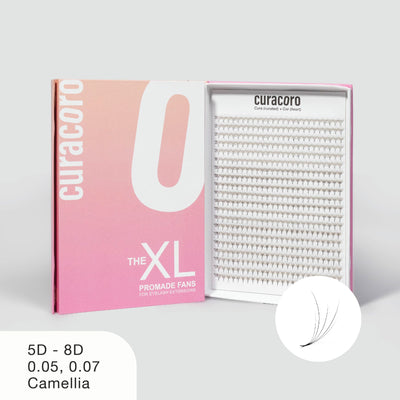 Curacoro XL Promade Fans featuring 5D-8D, 0.05 and 0.07 Camellia lashes for eyelash extensions.