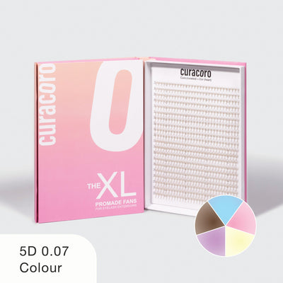 Curacoro XL Promade Fans featuring 5D, 0.07 coloured lash extensions in a variety of shades.