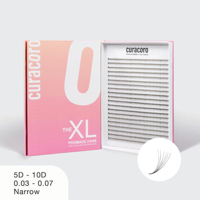 Curacoro XL promade fans for eyelash extensions, 5D-10D, 0.03-0.07 narrow, in pink gradient box on white background