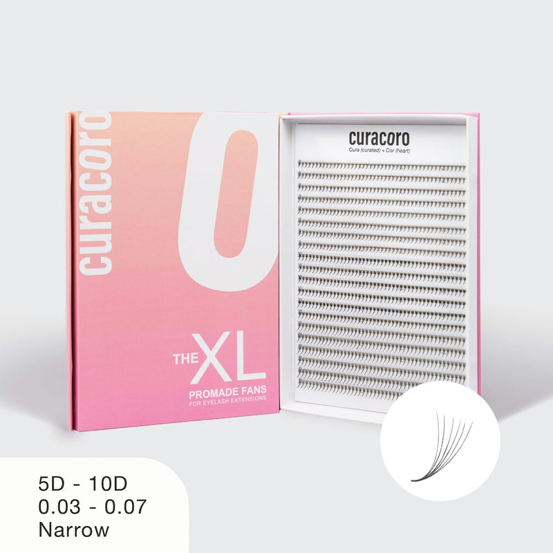 Curacoro XL promade fans for eyelash extensions, 5D-10D, 0.03-0.07 narrow, in pink gradient box on white background