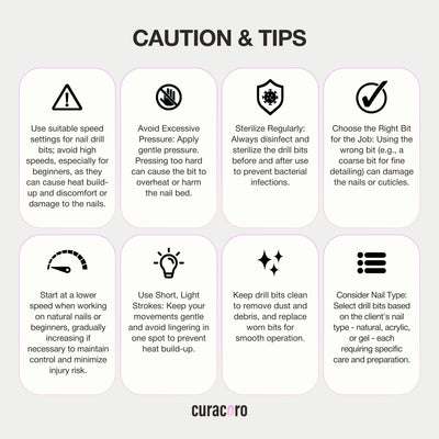 Cautions & tips of the nail drill bits infographic