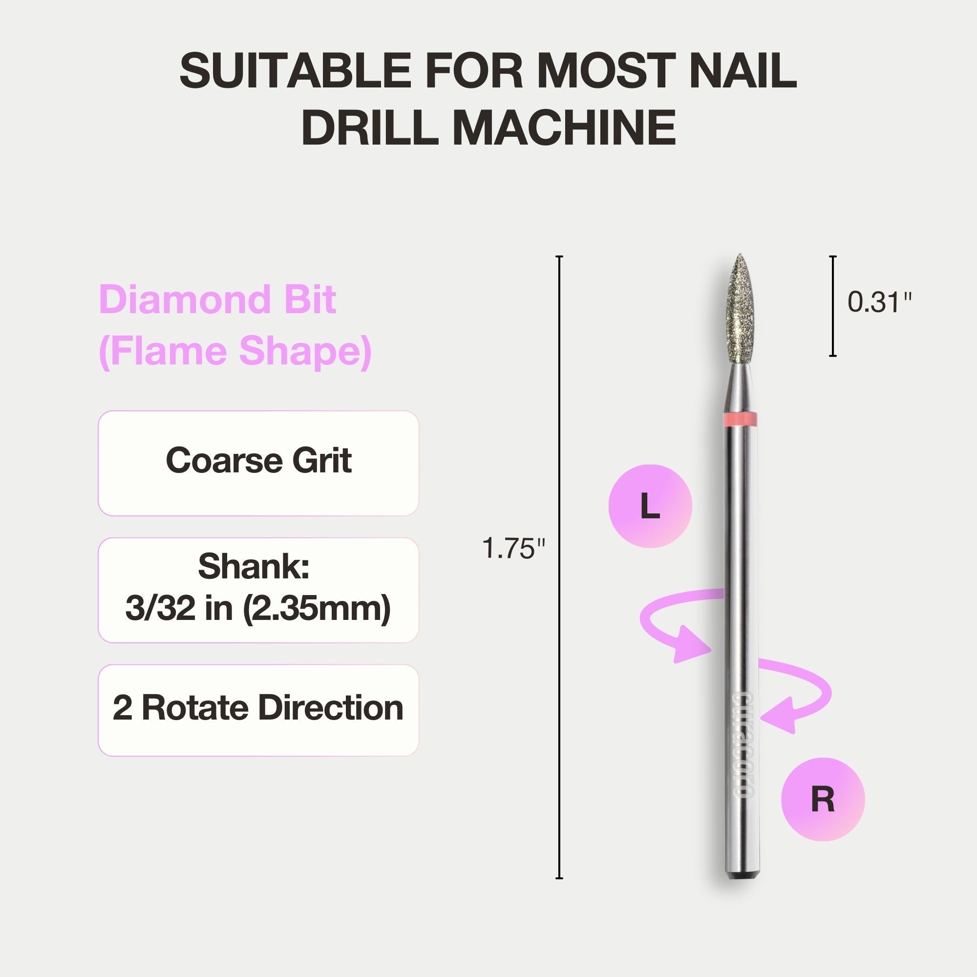 Diamond flame-shaped drill bit with coarse grit, ideal for nail detailing, featuring a 3/32-inch shank for precise control.