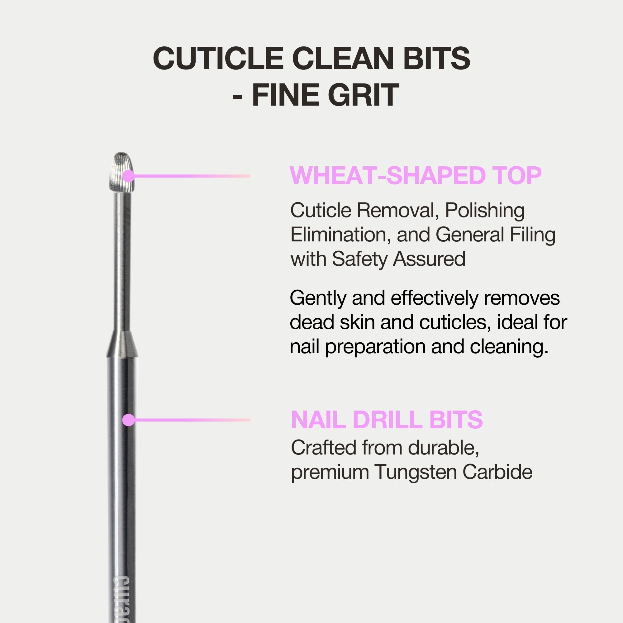 Curacoro fine-grit cuticle clean bit: wheat-shaped top, premium tungsten carbide, gentle for nail prep and dead skin removal.