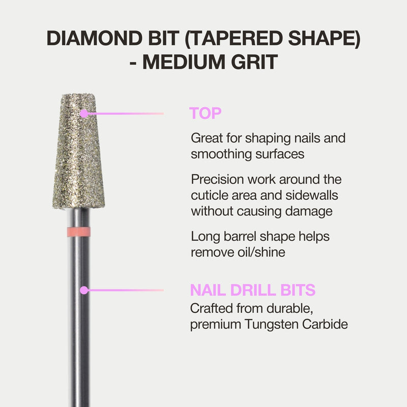 Diamond drill bit with tapered shape, medium grit, for nail shaping, cuticle precision, and removing oil, crafted from durable tungsten carbide.