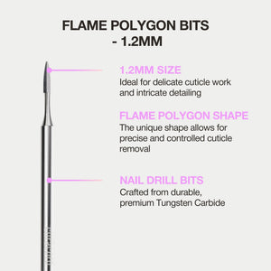 Flame polygon nail bit, 1.2mm, designed for precise cuticle work, crafted with durable tungsten carbide for optimal performance.