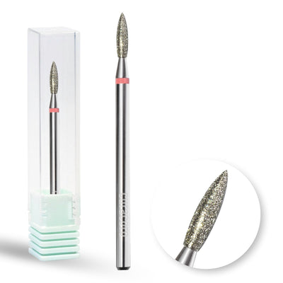 Curacoro coarse diamond flame-shaped nail bit with metal handle and protective case for precision nail care.