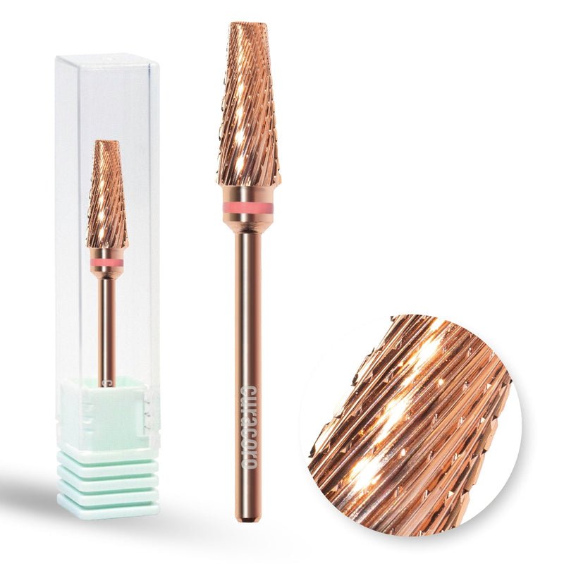 5-in-1 rose gold nail drill bit with double-sided edges for fine and coarse work, crafted from durable tungsten carbide.