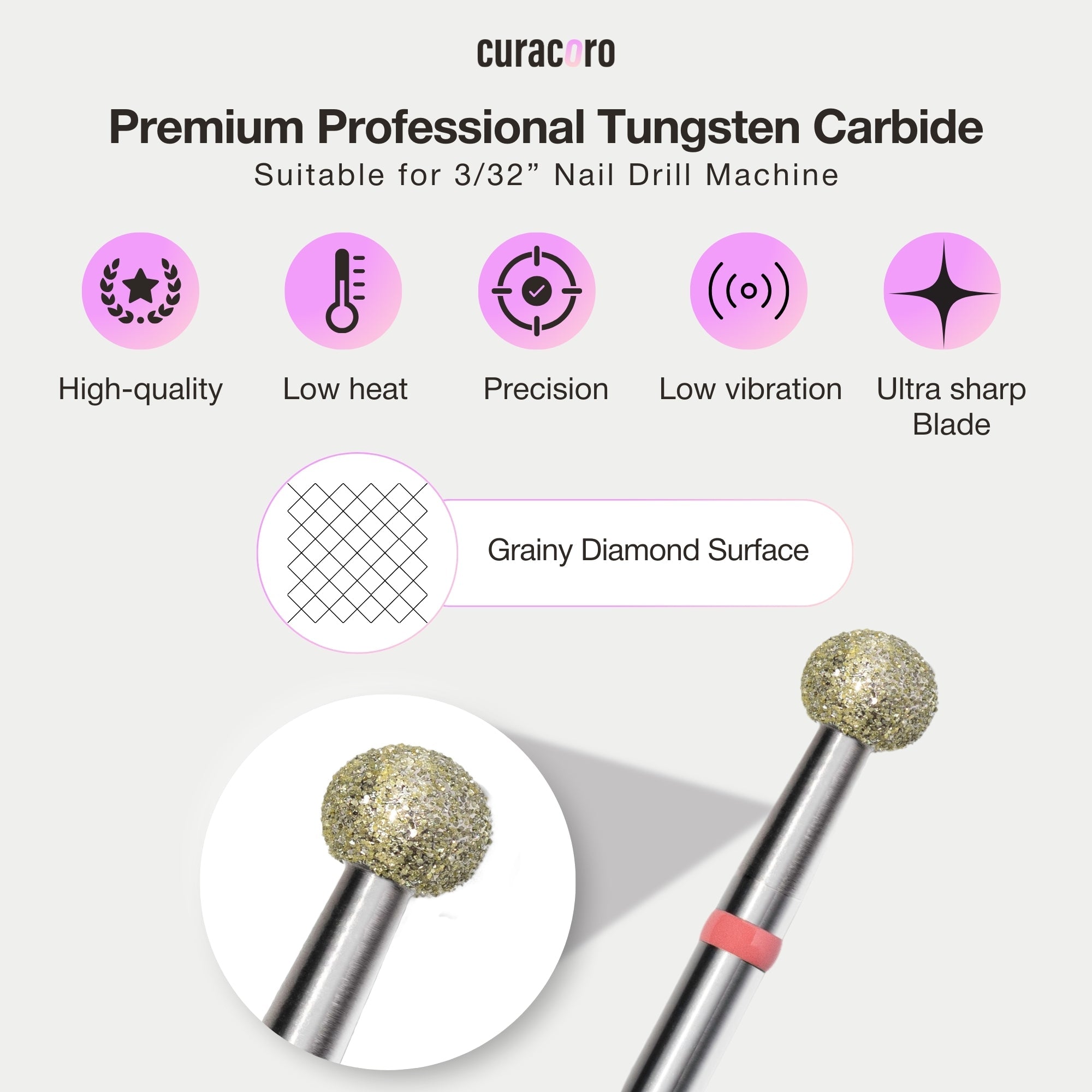 Diamond ball drill bit: coarse grit with grainy diamond surface, precise for cuticle cleaning, 3/32" shank, low vibration.