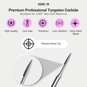 Precision flame-shaped polygon drill bit for nail professionals, featuring a 1.2mm size and sharp tungsten carbide blade.