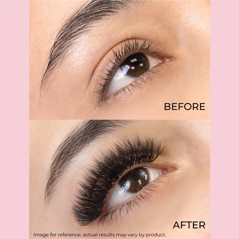 Model showing a before and after the Double Layer Promade Lashes