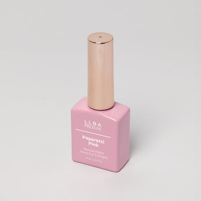 LLBA Paparazzi Pink Gel Polish bottle with a pink design and gold cap on a light background.