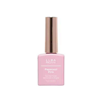 LLBA Paparazzi Pink Gel Polish bottle with a pink design and gold cap on a light background.