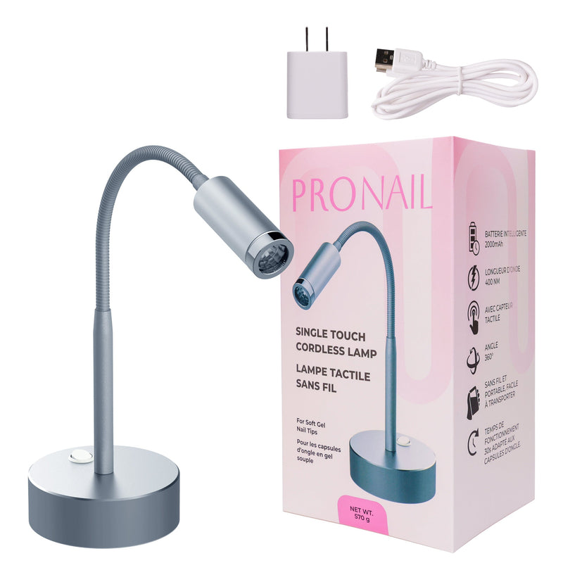 ProNail Single Touch Cordless Lamp with adjustable neck, shown alongside its packaging, a USB charging cable, and a power adapter. The box highlights features such as 360-degree adjustable angle, touch sensor, and wireless design.